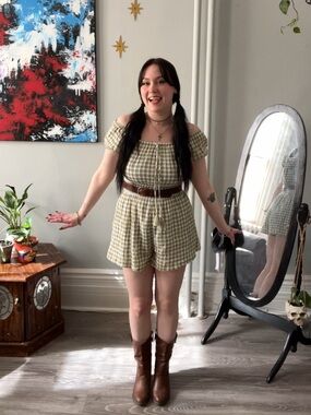 American Eagle Outfitters Olive Plaid Off-Shoulder Romper